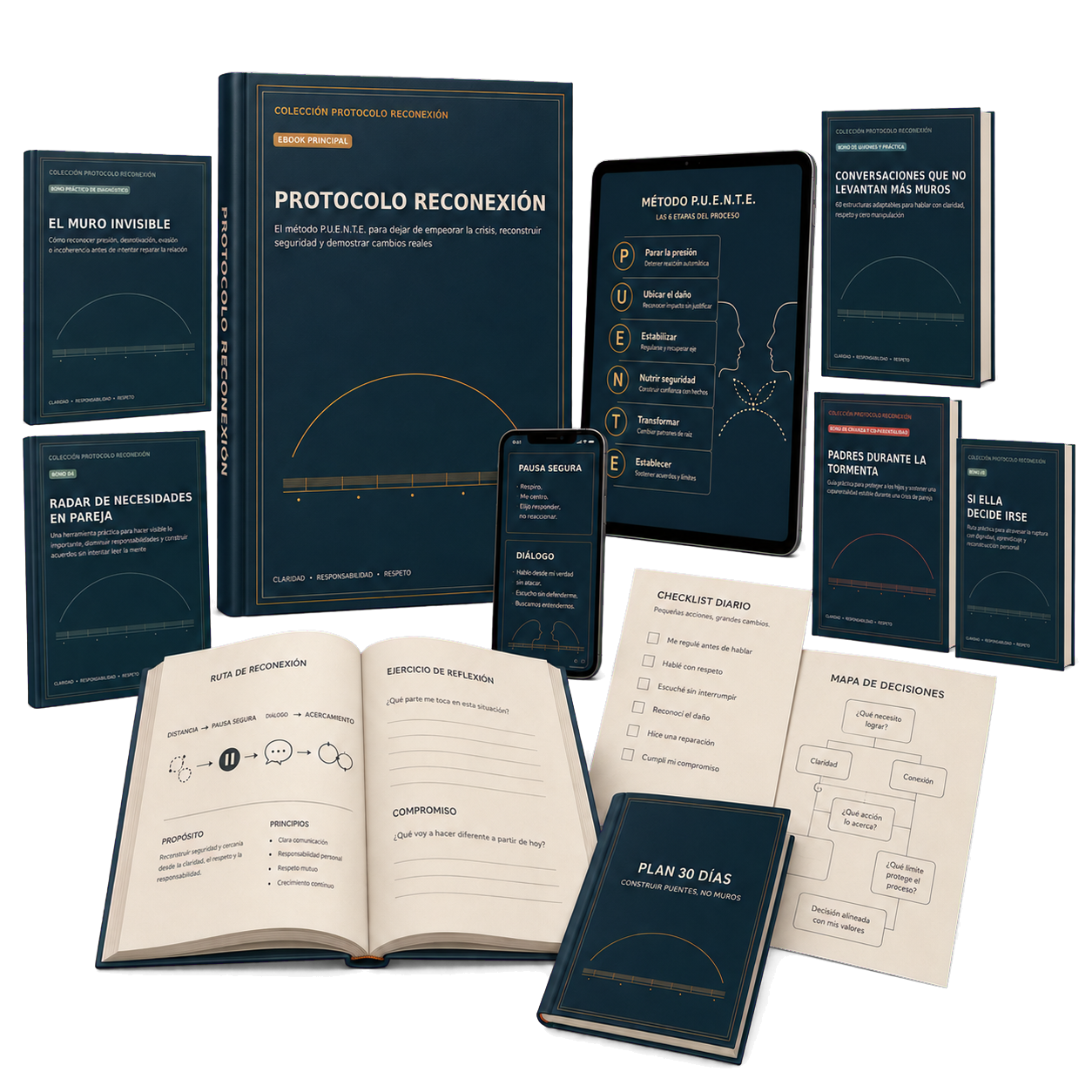 Colección completa Protocolo Reconexión con ebook principal, cinco bonos, tablet, celular y materiales prácticos